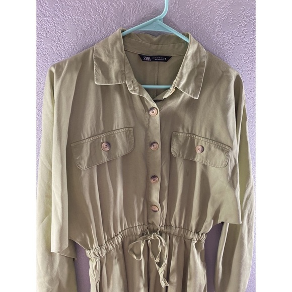 Zara Army Green Button Waist Tie Collared Mini Dress - Picture 3 of 11